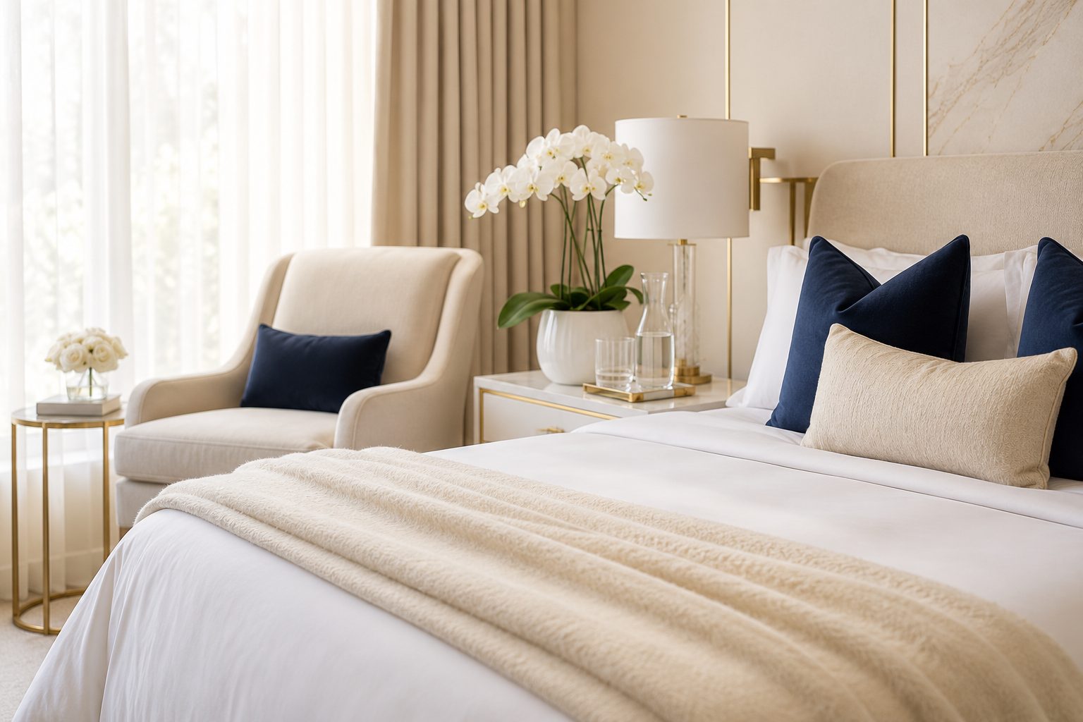 Calm navy and cream recovery bedroom prepared for a ViraLou patient