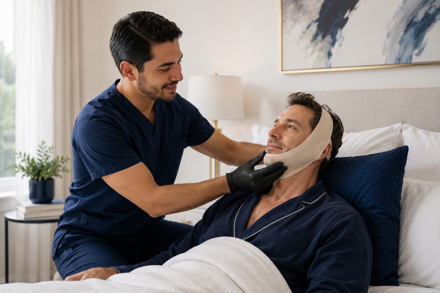 ViraLou nurse adjusting a patient's post-surgical compression garment